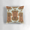 Soft, plush tiger rug pillow in sage green and gold tones, featuring a Tibetan-inspired design with realistic tiger stripes.