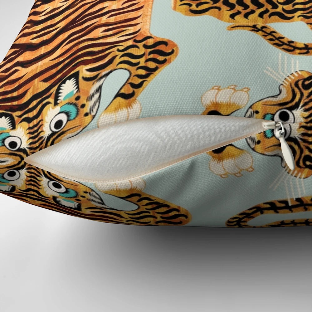 Soft, plush tiger rug pillow in sage green and gold tones, featuring a Tibetan-inspired design with realistic tiger stripes.
