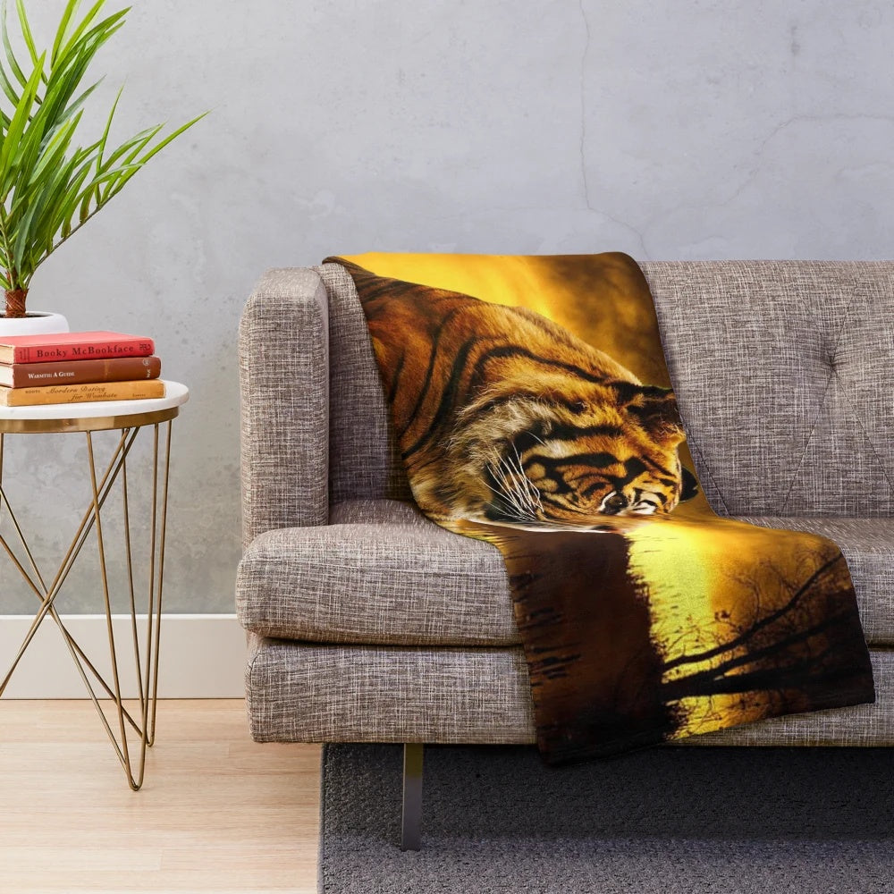 Tiger and sunset themed plush blanket for home decor