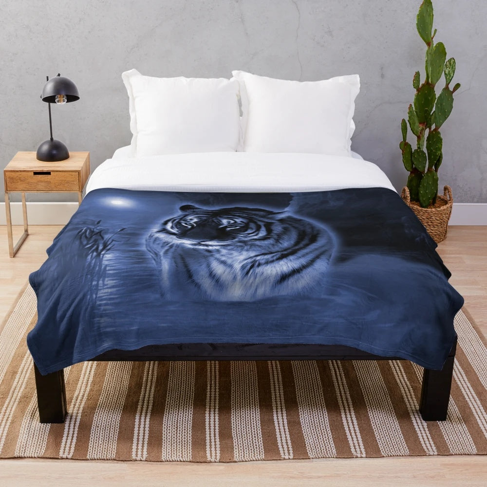 Soft, plush tiger-themed blanket with nature and wildlife design