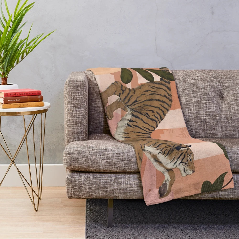 Plush tiger-inspired blanket with modern tropical foliage design