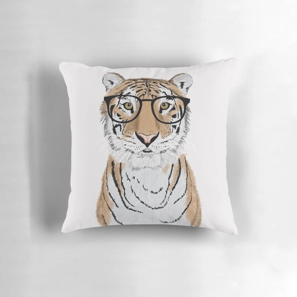 Soft, cuddly tiger pillow with glasses, perfect for adding a touch of nature-inspired style to any home.