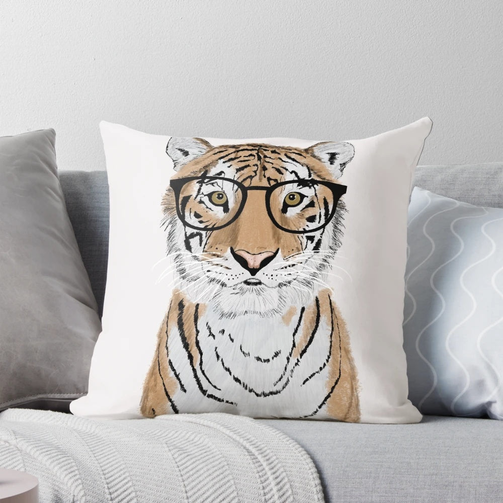 Soft, cuddly tiger pillow with glasses, perfect for adding a touch of nature-inspired style to any home.