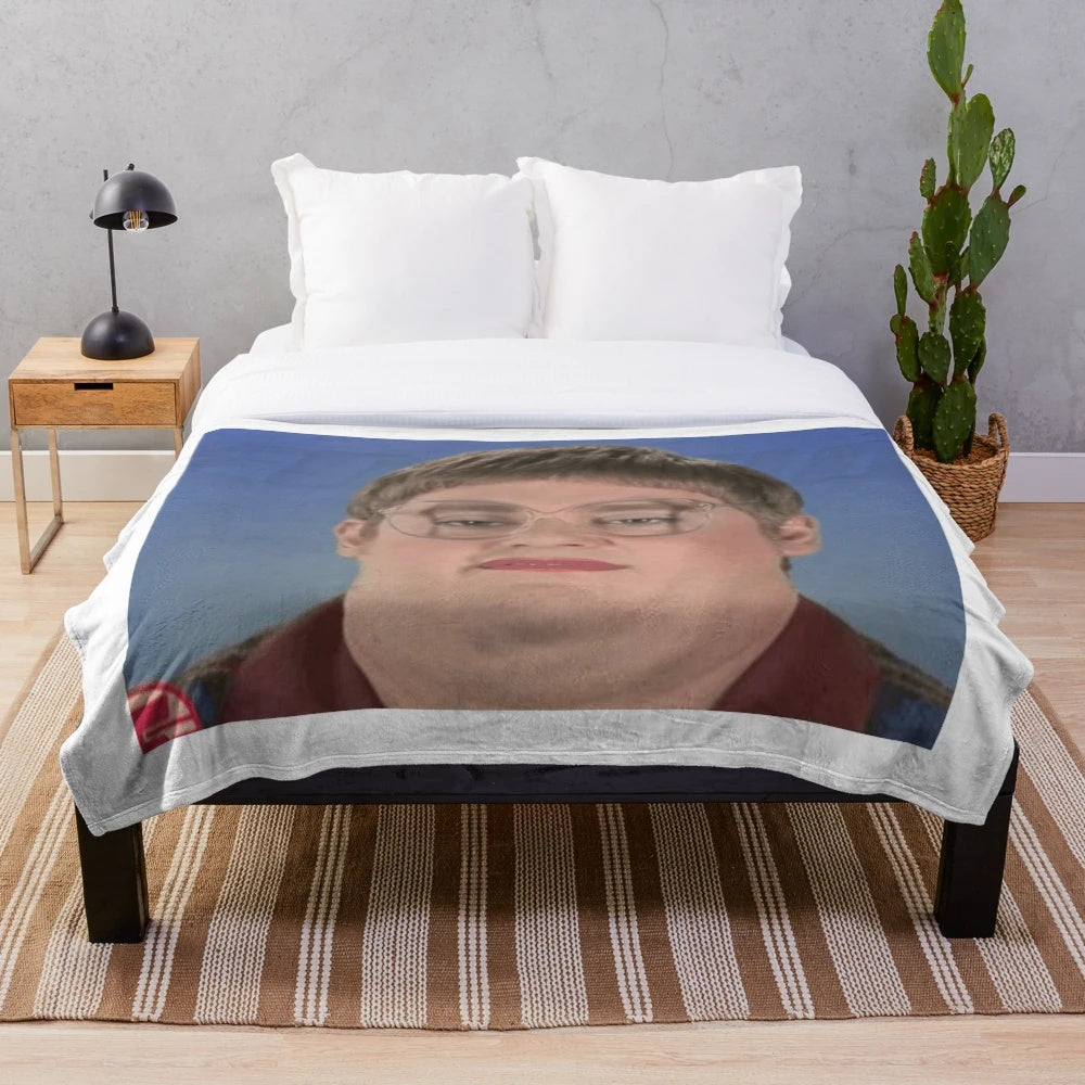 A cozy plush blanket featuring a design inspired by the popular comedy series Tim and Eric