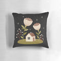 Throw pillow featuring a cozy tiny house surrounded by flowers under a starry night sky