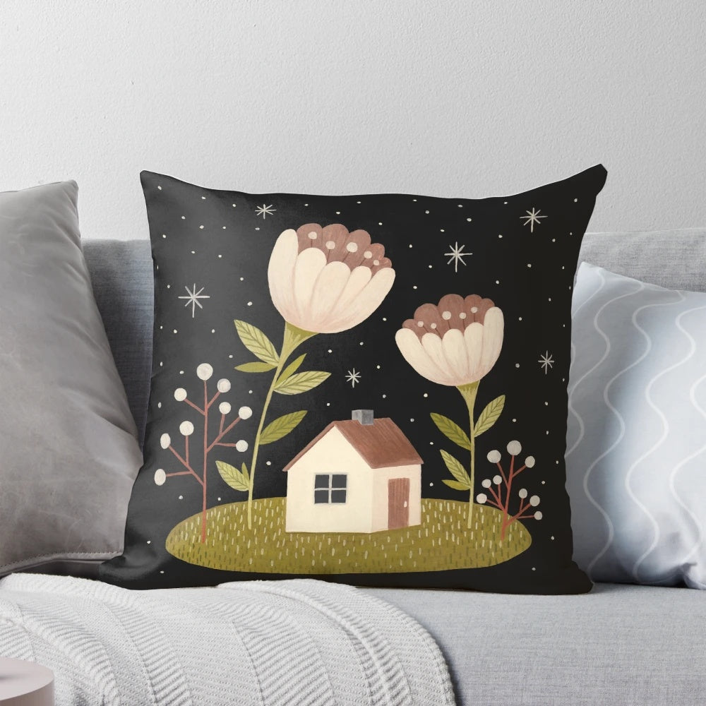 Throw pillow featuring a cozy tiny house surrounded by flowers under a starry night sky