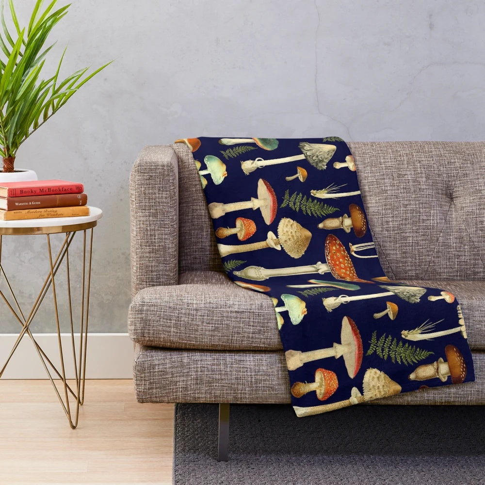 Toadstool Plush Blanket with Botanical Illustrations