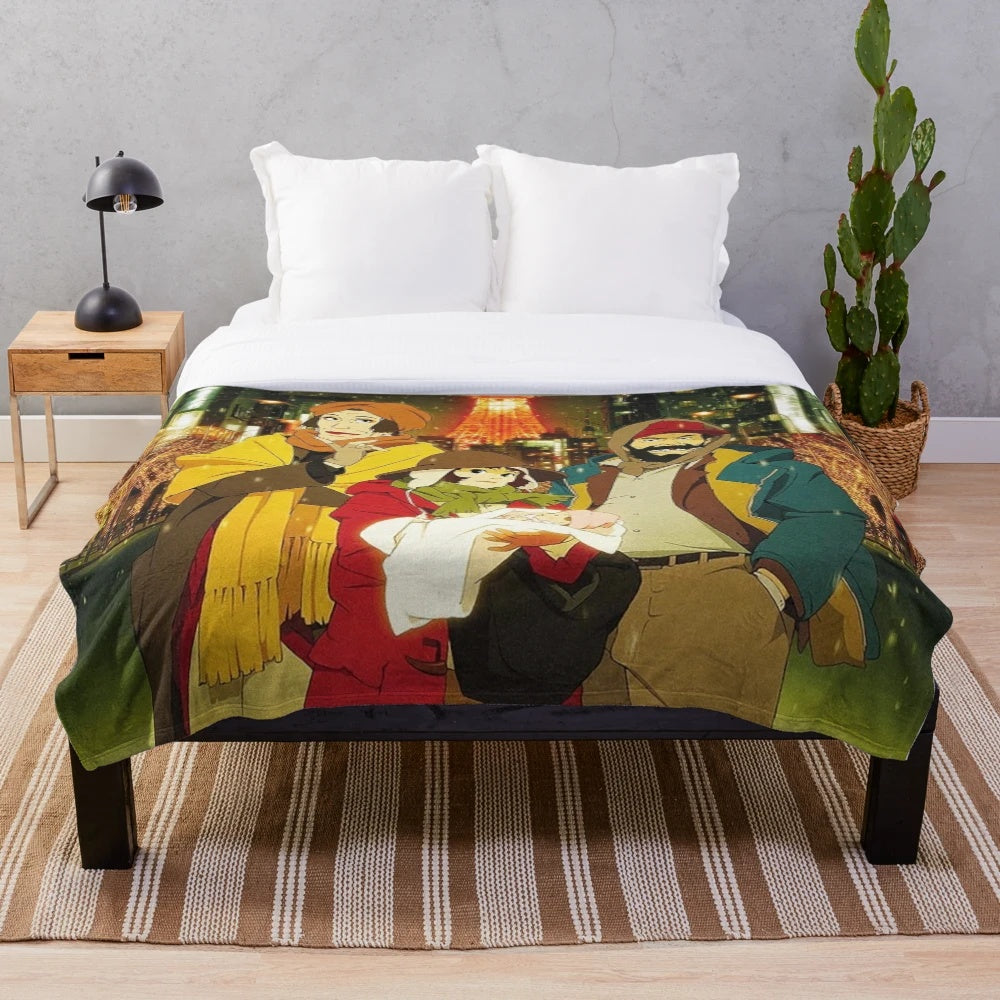 Tokyo Godfathers inspired plush blanket featuring characters from the anime film