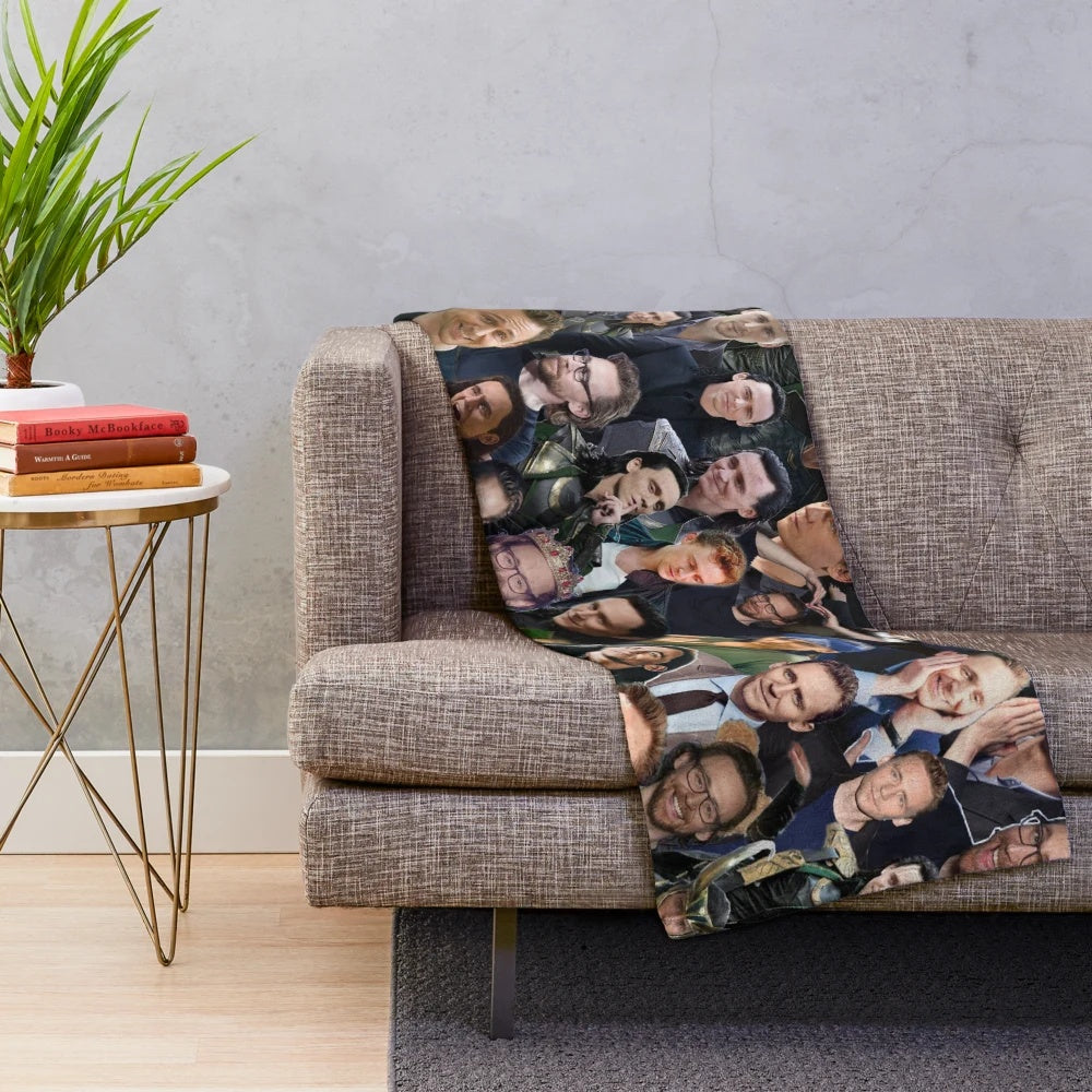 Tom Hiddleston inspired plush blanket featuring a collage of the actor as Loki from Marvel's Thor and Avengers.