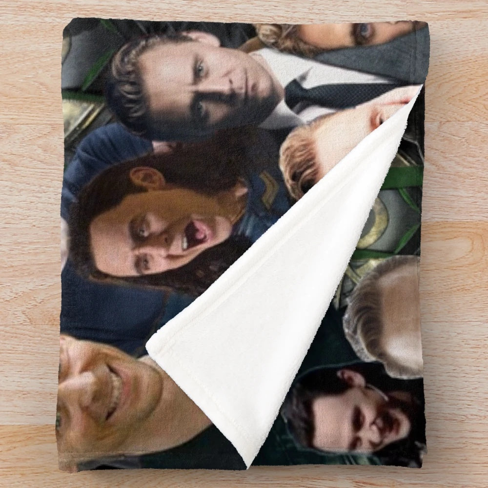 Tom Hiddleston inspired plush blanket featuring a collage of the actor as Loki from Marvel's Thor and Avengers.