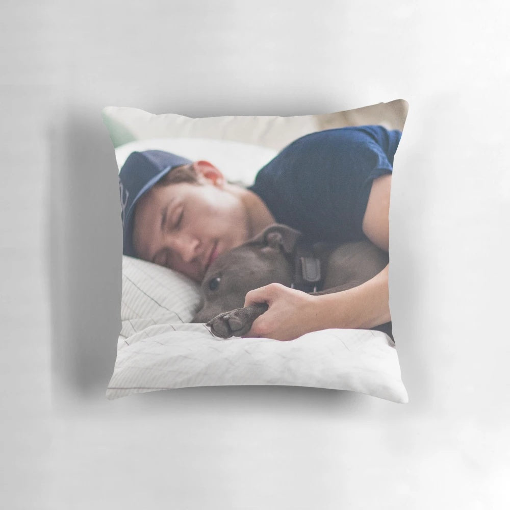 Tom Holland inspired spider-man themed pillow with a staffie dog