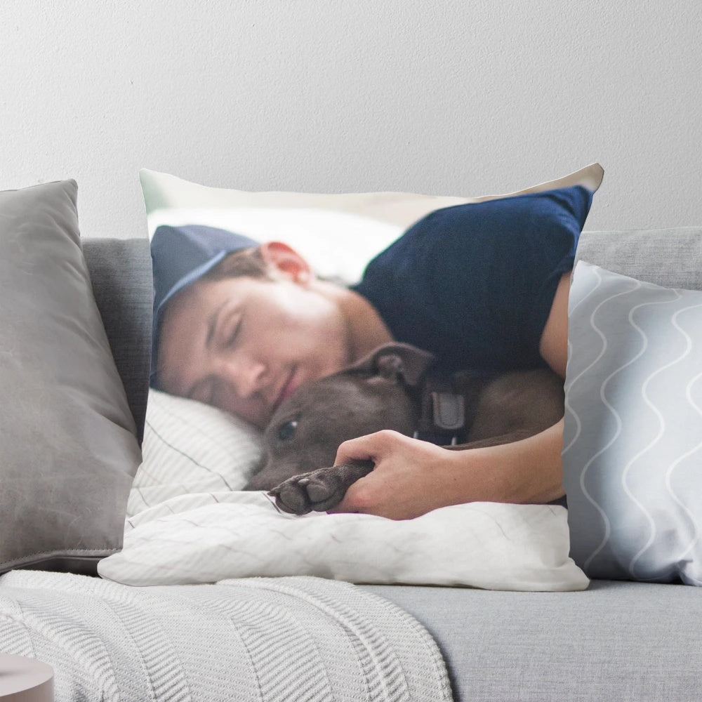 Tom Holland inspired spider-man themed pillow with a staffie dog