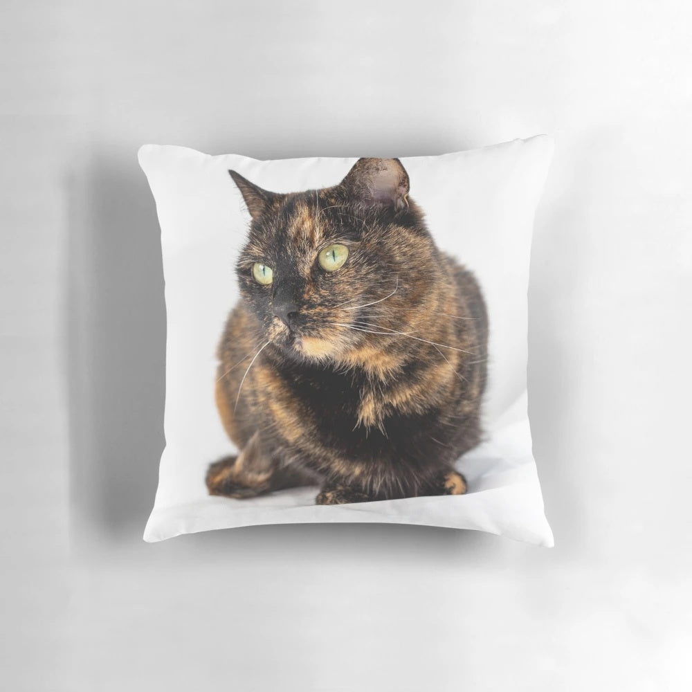 Soft, plush tortoiseshell cat pillow with realistic feline features