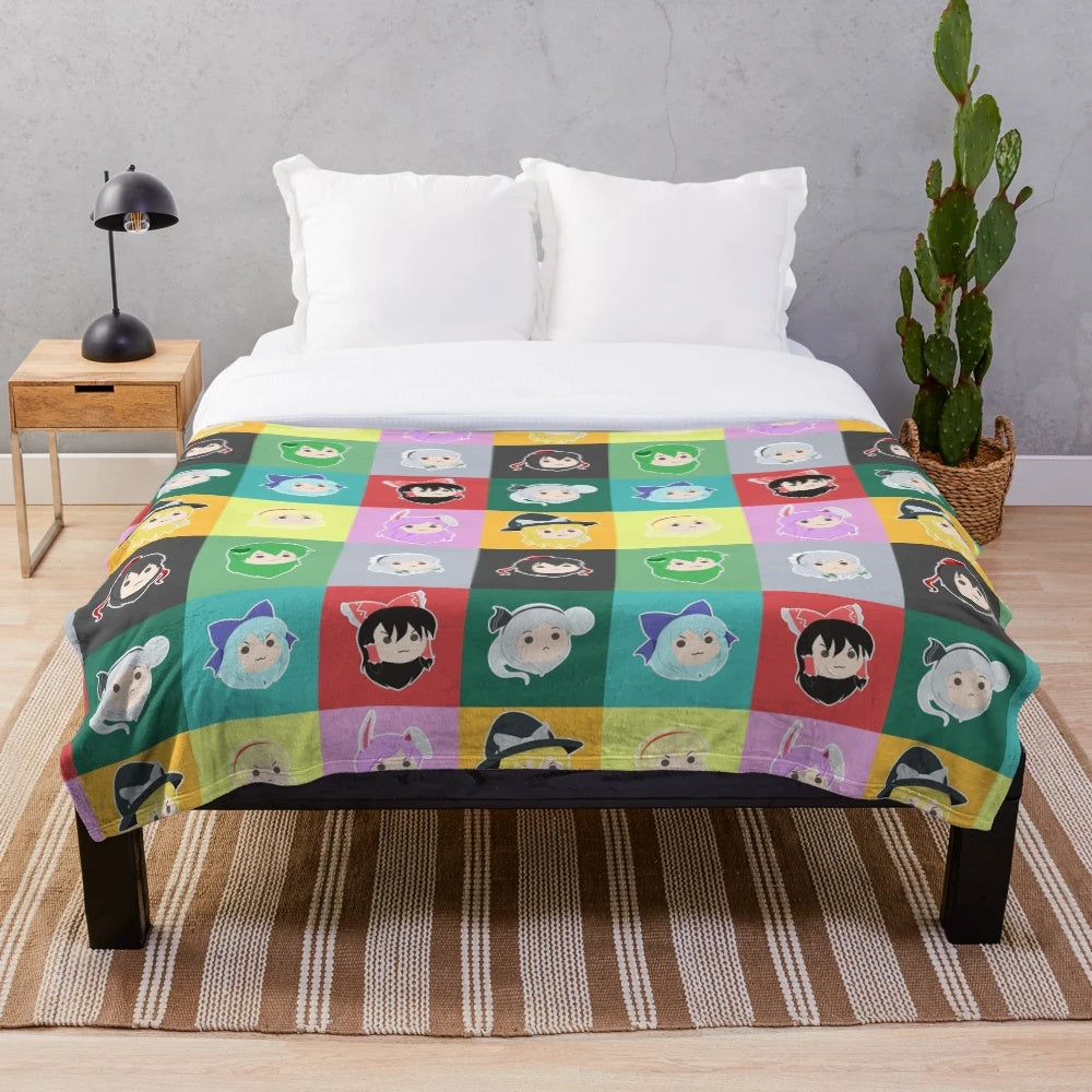Touhou-inspired plush blanket with adorable anime-style characters