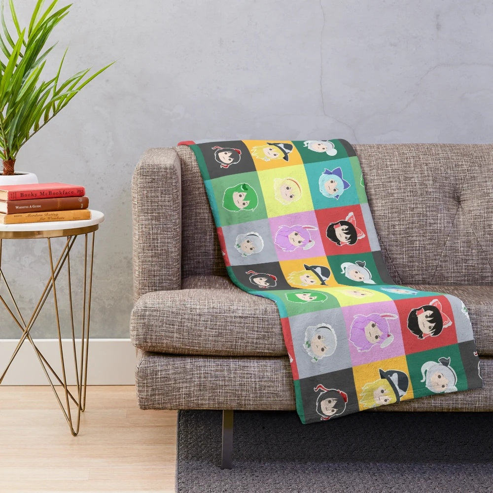 Touhou-inspired plush blanket with adorable anime-style characters