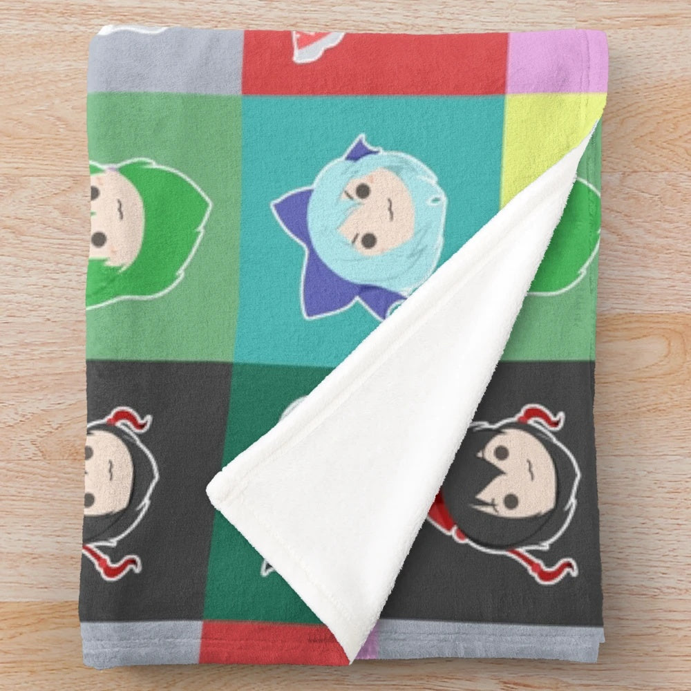 Touhou-inspired plush blanket with adorable anime-style characters