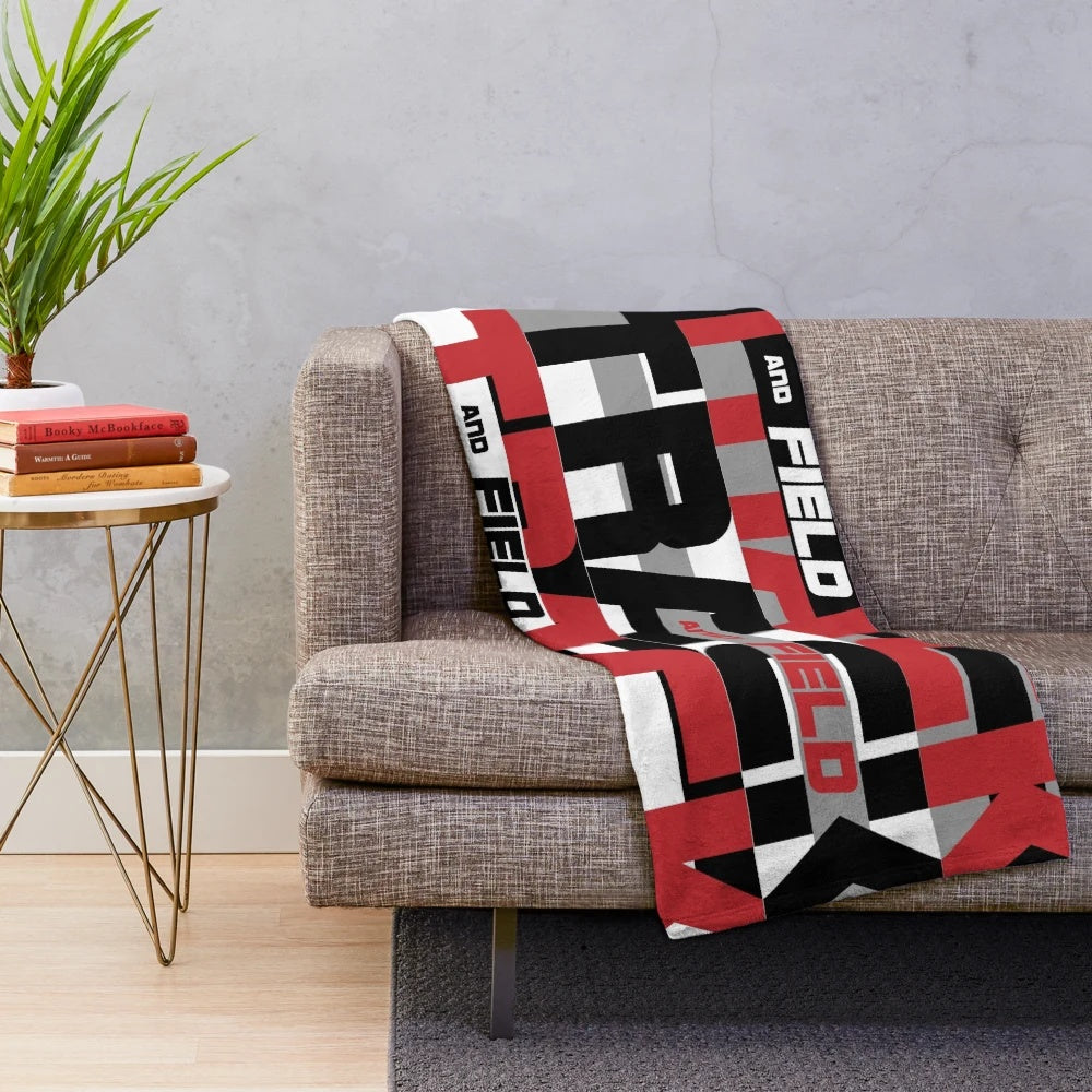Track and field themed tri-color plush blanket