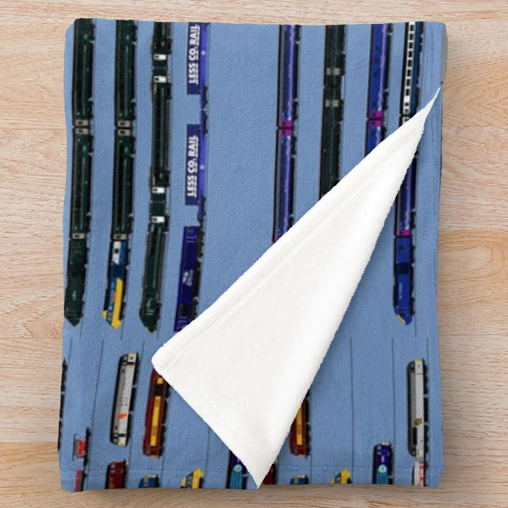 Plush blanket with train and locomotive design