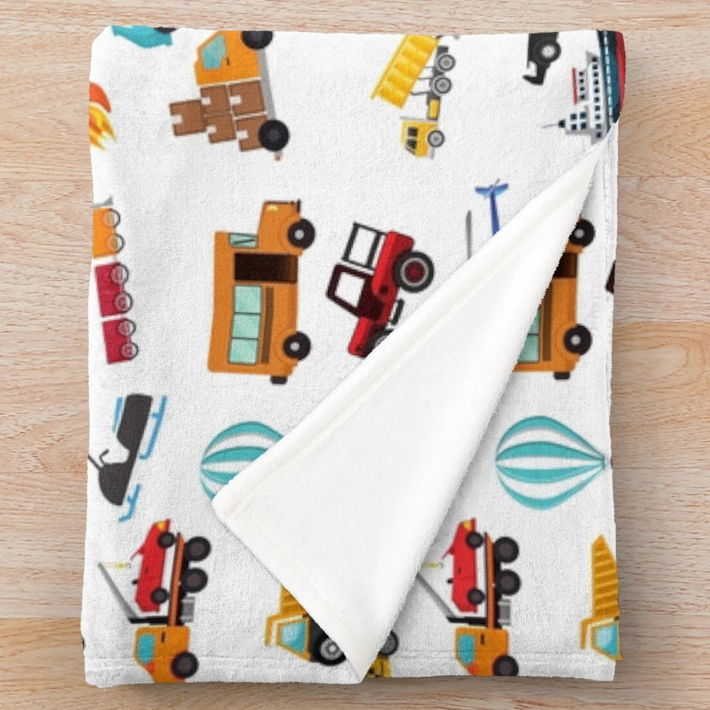 Plush blanket with transportation vehicle patterns for babies and toddlers