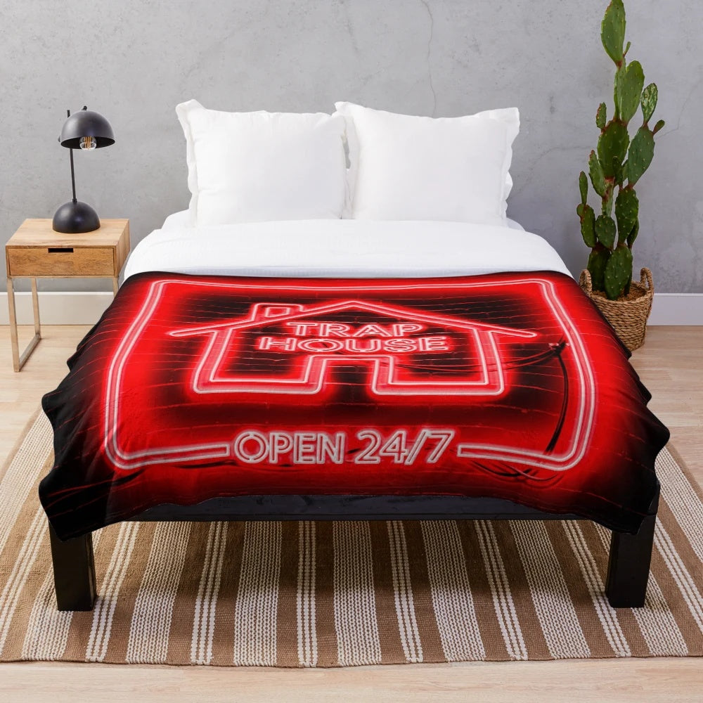 Trap House Inspired Plush Blanket with Neon Sign Design