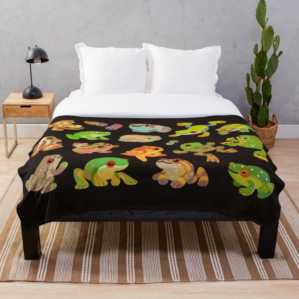 Soft and cuddly plush blanket featuring a detailed tree frog design