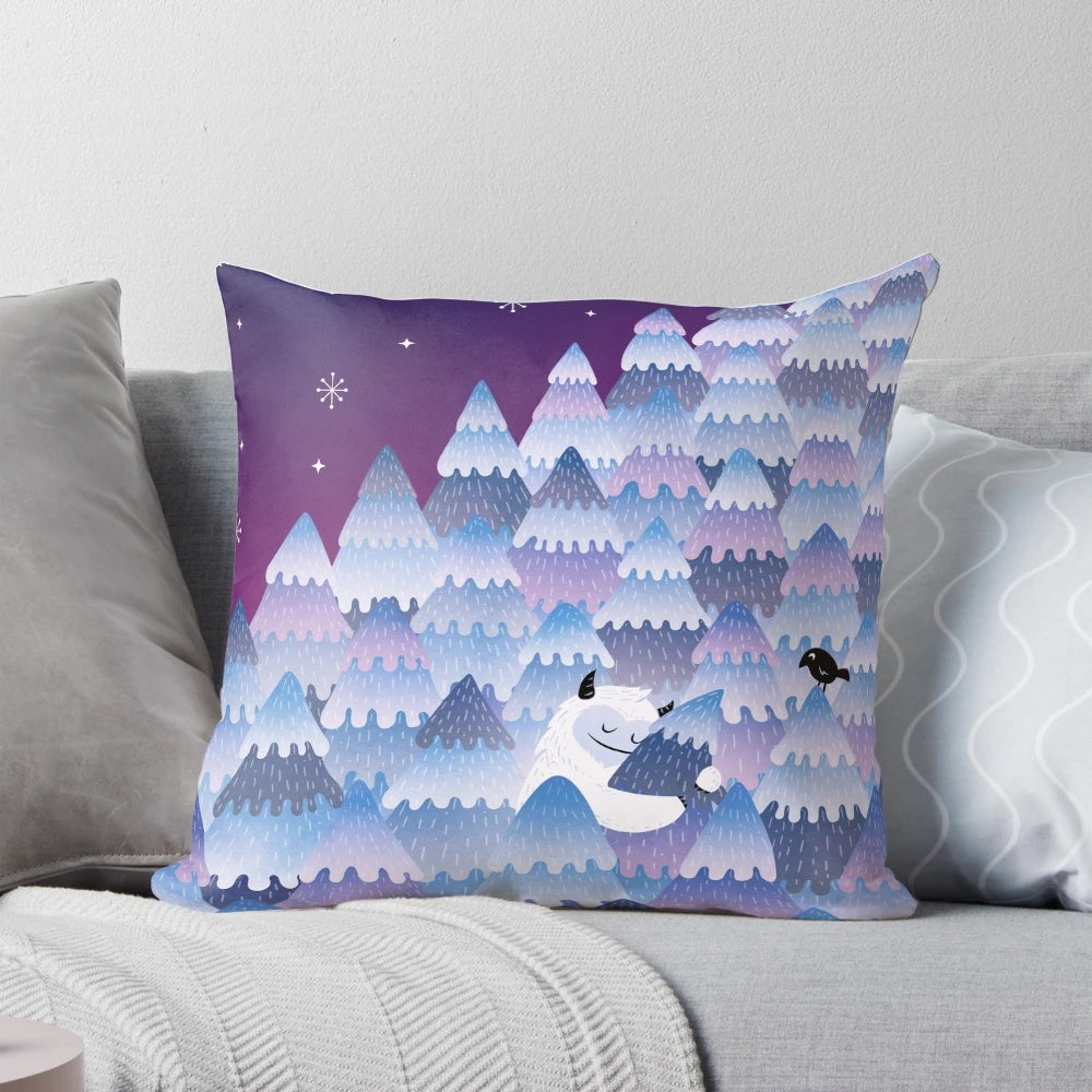 A soft, plush pillow featuring a whimsical "Tree Hugger" night monster design, perfect for cozy winter snuggles.