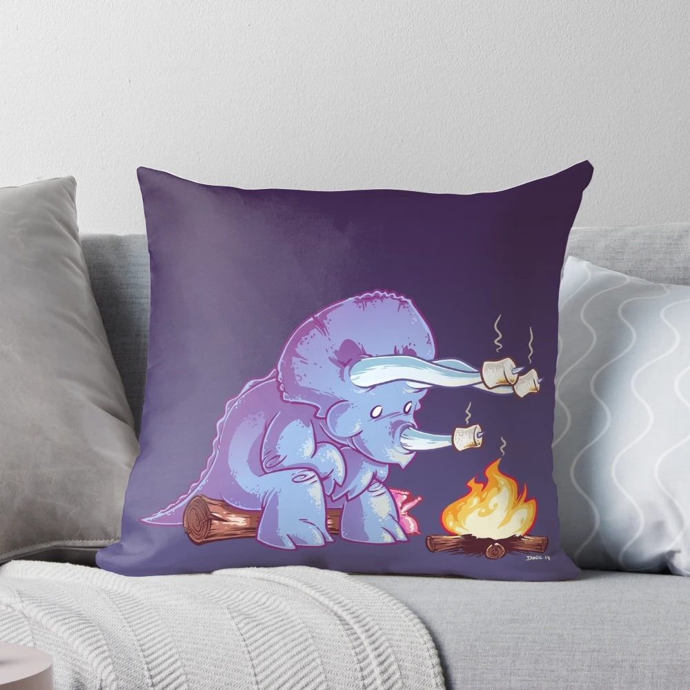 Soft, plush triceratops dinosaur pillow with marshmallow design, perfect for camping and outdoor adventures.