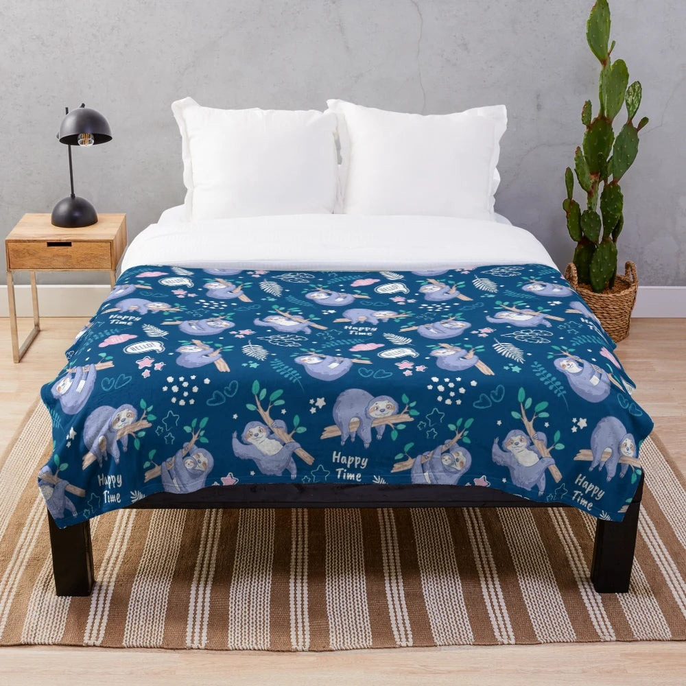 Soft and cozy plush blanket with a tropical sloth pattern design