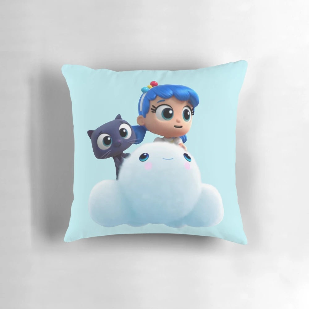 Soft, fluffy pillow featuring characters from the "True Rainbow Kingdom" kids show, including a cute cat and cloud design.