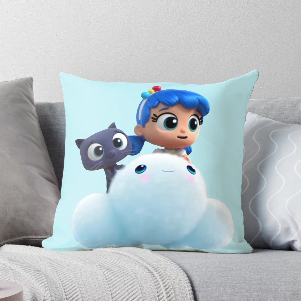 Soft, fluffy pillow featuring characters from the "True Rainbow Kingdom" kids show, including a cute cat and cloud design.