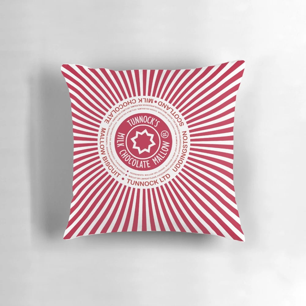 Soft and plush pillow featuring the iconic Tunnock's Teacakes design, perfect for adding a touch of Scottish charm to any home.