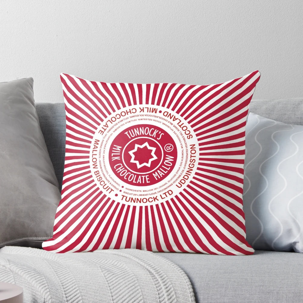 Soft and plush pillow featuring the iconic Tunnock's Teacakes design, perfect for adding a touch of Scottish charm to any home.
