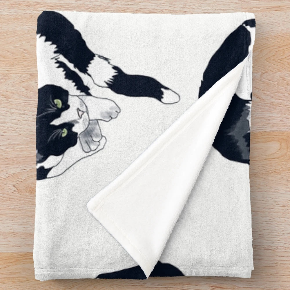 Soft, warm tuxedo cat plush blanket with black and white cat portrait