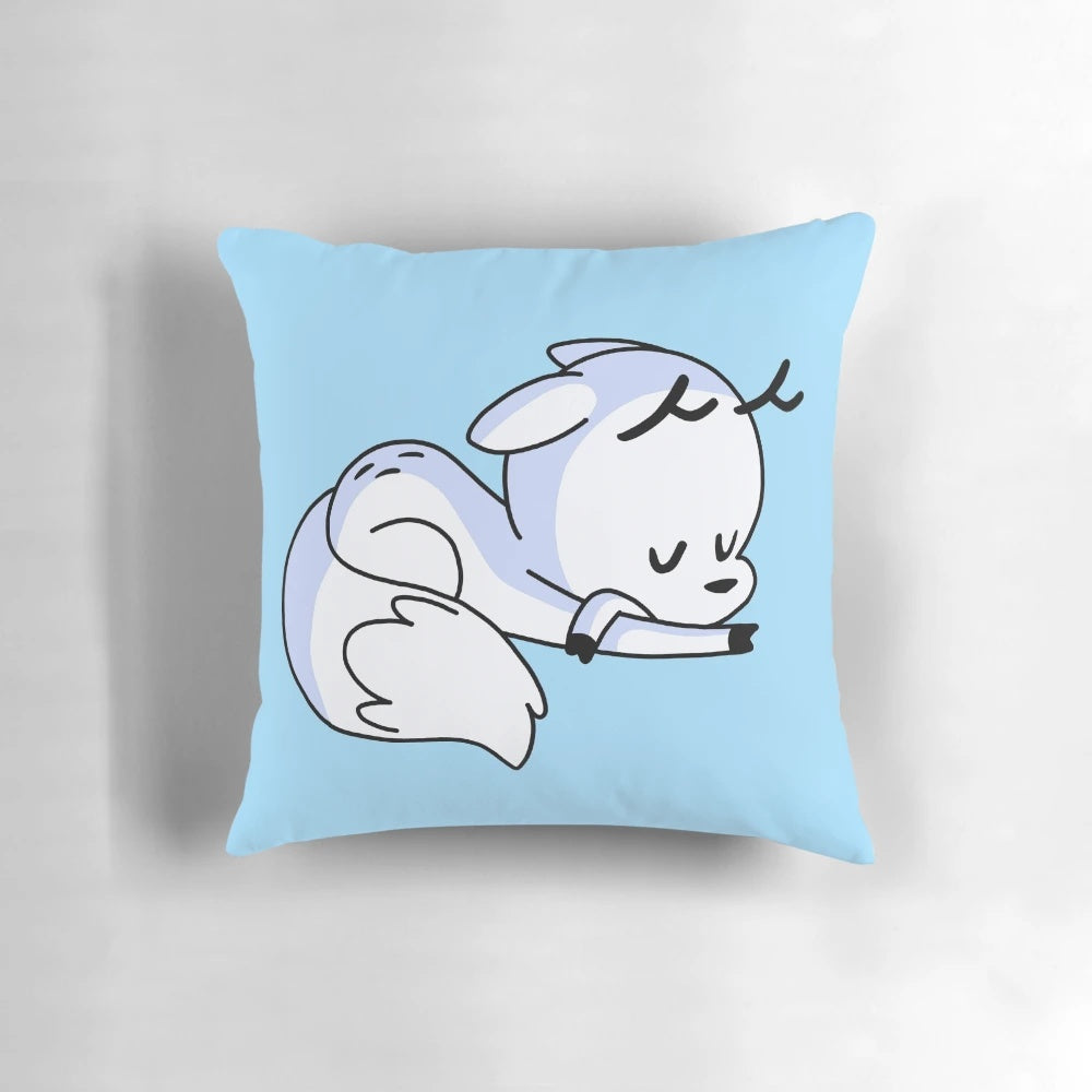 A plush pillow shaped like a twig, featuring a cute deer-fox character from the Hilda cartoon series.