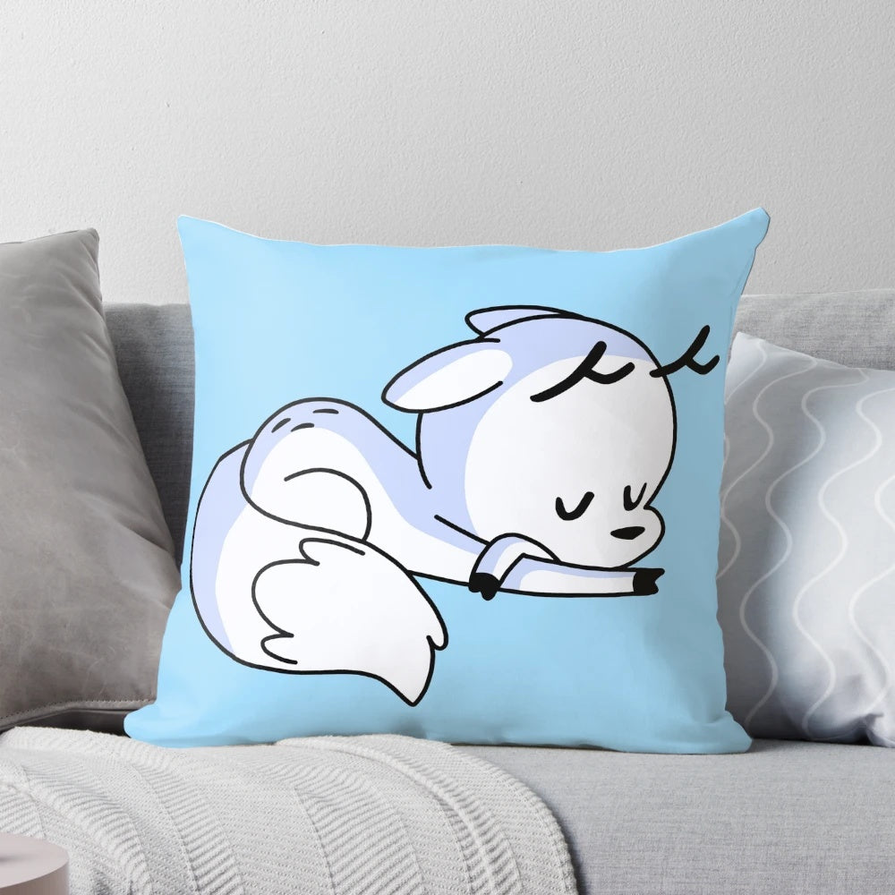 A plush pillow shaped like a twig, featuring a cute deer-fox character from the Hilda cartoon series.