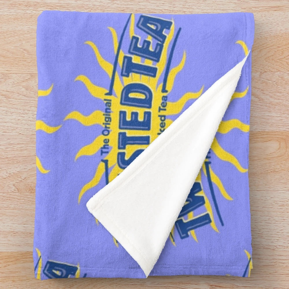 Twisted Tea-themed plush blanket with brand logo