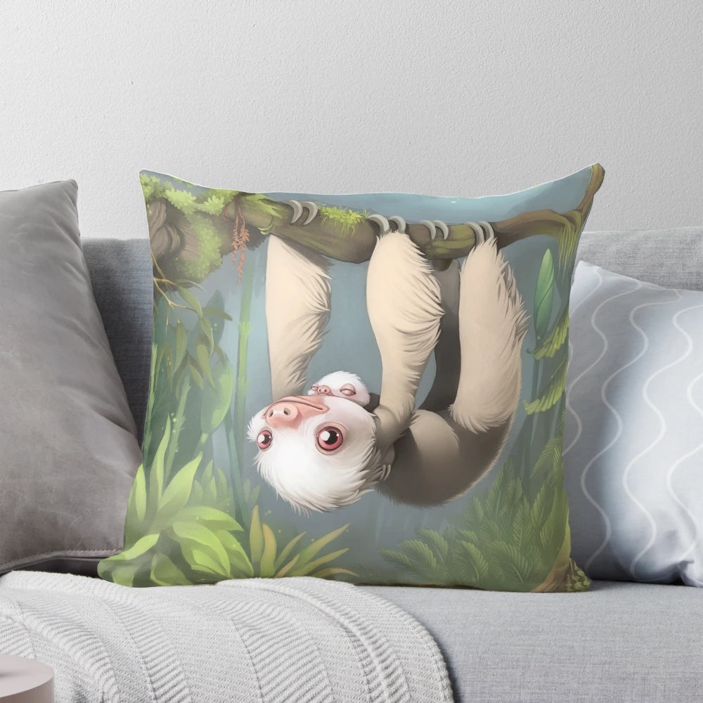 A soft, plush pillow featuring a cuddly two-toed sloth and its baby snuggling together.