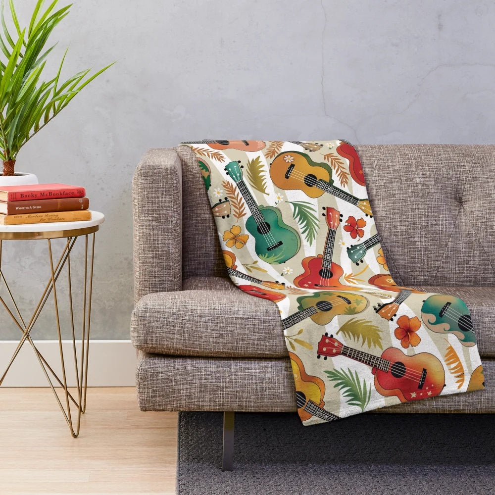 Ukulele plush blanket with tropical palm leaves and waves