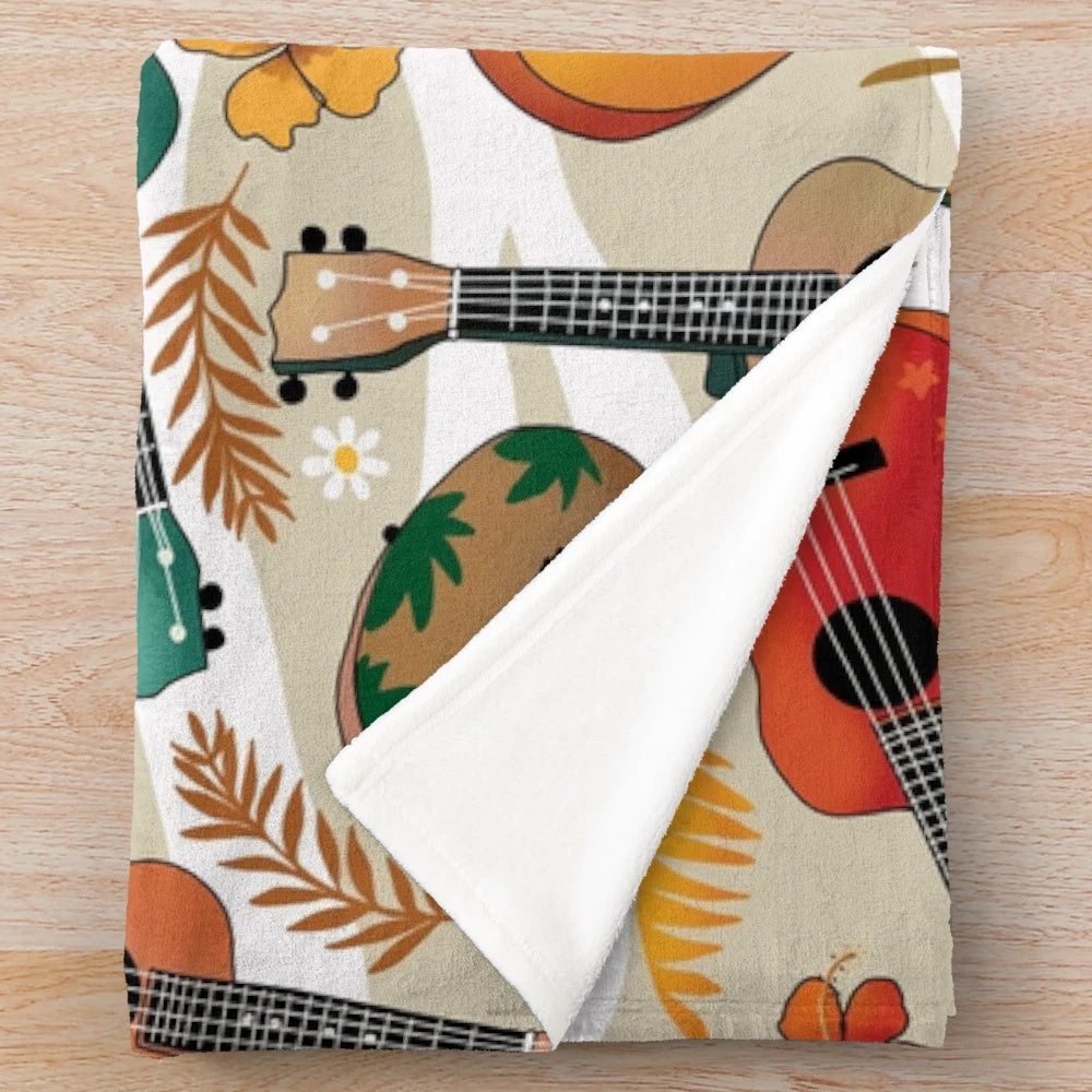 Ukulele plush blanket with tropical palm leaves and waves