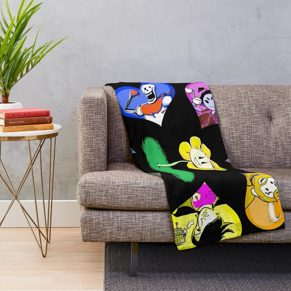 Undertale-themed plush blanket featuring characters like Sans and Papyrus