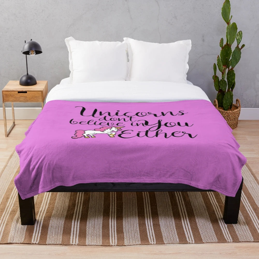 Soft and fluffy unicorn plush blanket with a funny unicorn design