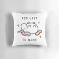 A plush, colorful unicorn t-shirt pillow with a "Too Lazy to Move" design.