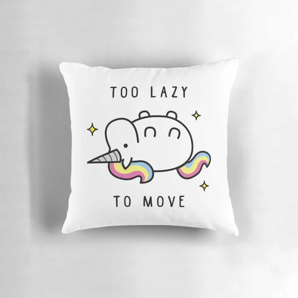 A plush, colorful unicorn t-shirt pillow with a "Too Lazy to Move" design.