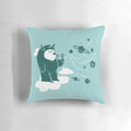 Whimsical plush pillow featuring a cute cartoon monster design with planets, stars, and other space-themed elements.