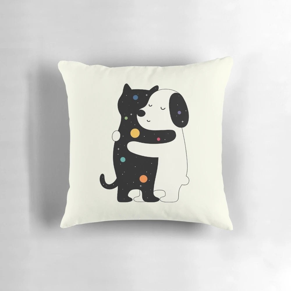 Soft, colorful universal language pillow featuring cute pet designs