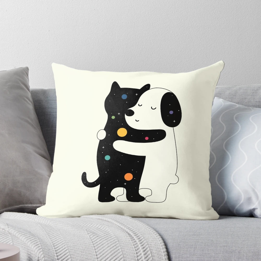 Soft, colorful universal language pillow featuring cute pet designs