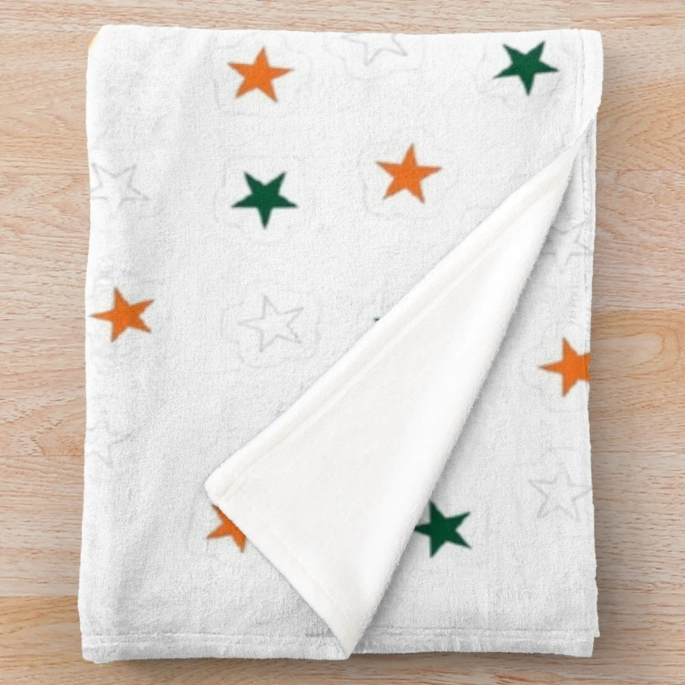 University of Miami Hurricanes logo on a plush orange and green blanket