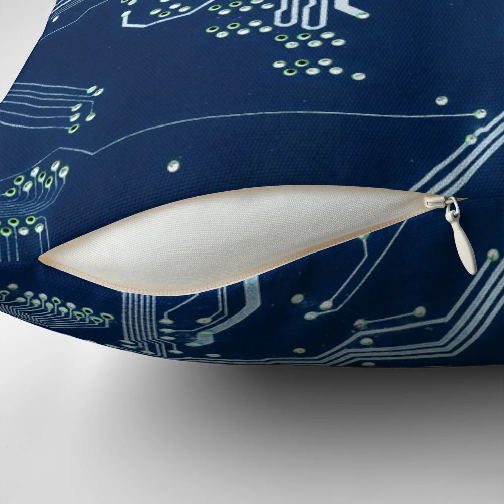 A soft, comfortable pillow adorned with the intricate details of an electronic circuit board design.