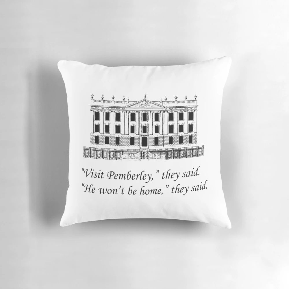A plush throw pillow featuring the iconic Pemberley estate from Jane Austen's Pride and Prejudice.