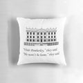 A plush throw pillow featuring the iconic Pemberley estate from Jane Austen's Pride and Prejudice.